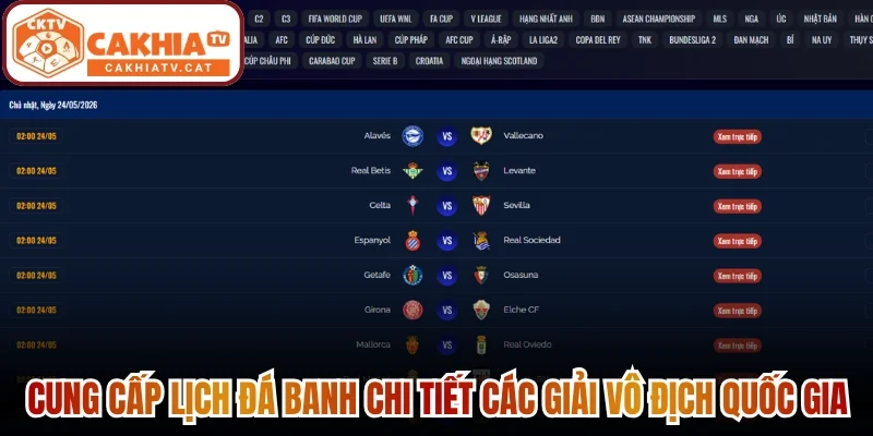 Cung cấp lịch đá banh chi tiết các giải vô địch quốc gia